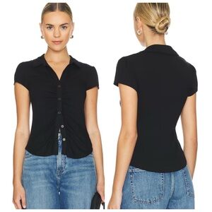 Sanctuary Women’s Ruched Button Up in Black M Short sleeve collared knit top